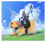  absurdres aircraft airship animal animal_ears armor bedroll blue_sky bracer cloud cloudy_sky faulds gemi_ningen grass hamster helmet highres holding holding_polearm holding_weapon knight ladder lance lantern long_hair mouse_ears mouse_girl mouse_tail oversized_animal plate_armor polearm ratkin_(rimworld) red_hair rimworld sabaton saddle saddlebags skirt sky spear tail weapon 