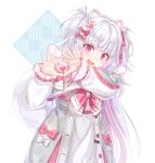  1girl animal_ears belt bow coat dog_ears dog_girl dog_tail dress gram_pico grey_coat grey_hair hair_bow heart heart_hands highres kaname214 long_hair open_clothes open_coat open_mouth paw_hair_ornament phase_connect pink_belt pink_bow pink_brooch pink_eyes pink_ribbon ribbon solo tail virtual_youtuber white_bow white_dress 