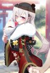  1girl absurdres black_kimono blurry blurry_background blurry_foreground blush braid ear_piercing earrings floral_print_kimono fox_mask frilled_sleeves frills from_side grey_hair hair_ornament heart heart-shaped_pupils highres holding holding_hands holding_mask indie_virtual_youtuber japanese_clothes jewelry kimono long_hair mask mole mole_under_eye multicolored_clothes multicolored_kimono piercing pointy_ears purple_eyes red_kimono sui_hi_sf symbol-shaped_pupils torii tsukishima_cross unworn_mask virtual_youtuber wide_sleeves x_hair_ornament 