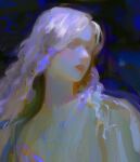  1girl abstract blonde_hair blue_eyes closed_eyes closed_mouth dark_background dress faux_traditional_media hair_over_shoulder highres lips long_hair looking_to_the_side original portrait red_lips solo turning_head upper_body wavy_hair white_hair yuming_li 