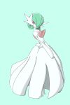  absurdres bob_cut colored_skin dress elbow_gloves gardevoir gloves green_background green_hair hair_over_one_eye highres looking_at_viewer mega_gardevoir mega_pokemon pink_eyes pokemon pokemon_(creature) simple_background smile strapless strapless_dress v_arms vivit_device white_dress white_gloves white_skin 