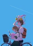  1boy 1girl backpack bag bicycle brother_and_sister brown_hair cat chiyu_(user_hrwu2257) digimon digimon_(creature) digimon_adventure_tri. food food_in_mouth highres holy_ring koromon popsicle popsicle_in_mouth short_hair siblings smile tail tailmon yagami_hikari yagami_taichi 