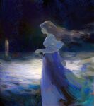  1girl abstract_background blue_dress blue_skirt breasts brown_hair dark_background dress faux_traditional_media feet_out_of_frame floating_hair from_side highres layered_skirt long_dress long_hair long_skirt long_sleeves medium_breasts nature night original outdoors profile river shirt sketch skirt solo standing water white_shirt white_skirt wide_sleeves wind yuming_li 