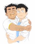  2boys :d =_= bara cheek-to-cheek collared_shirt couple cropped_torso dark-skinned_male dark_skin facial_hair forked_eyebrows heads_together heart highres hug isuke looking_at_viewer male_focus multiple_boys mutual_hug original shirt short_hair sideburns_stubble smile stubble thick_arm_hair yaoi 