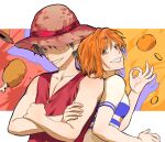  1boy 1girl black_hair boned_meat commentary crossed_arms english_commentary food fruit hat hat_over_one_eye highres looking_at_viewer mandarin_orange meat monkey_d._luffy nami_(one_piece) ok_sign one_piece orange_hair red_shirt scar scar_on_cheek scar_on_face shirt short_hair short_sleeves sleeveless sleeveless_shirt smile straw_hat water4829 