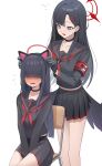  2girls absurdres animal_ears armband black_choker black_gloves black_hair black_sailor_collar black_serafuku black_skirt black_wings blue_archive blush cat_ears chair choker fake_animal_ears feathered_wings gloves grey_eyes guntree hair_ornament hair_over_eyes hairclip halo highres ichika_(blue_archive) justice_task_force_member_(blue_archive) long_hair long_sleeves low_wings multiple_girls neckerchief open_mouth pleated_skirt red_armband red_halo red_neckerchief sailor_collar school_chair school_uniform serafuku simple_background sitting skirt white_background wings 