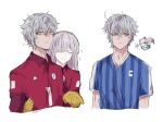  !? 1boy 1girl anastasia_(fate) closed_eyes cropped_torso ear_piercing fate/grand_order fate_(series) grey_hair hairband highres hug hug_from_behind ice_crystal kadoc_zemlupus piercing smile soccer_uniform sodamachi sportswear twitter_username white_background yellow_eyes 