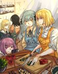  5girls apron ave_mujica_(bang_dream!) bang_dream! bang_dream!_it&#039;s_mygo!!!!! bell_pepper black_hair black_ribbon blonde_hair blue_apron blue_hair bowl brown_shirt cellphone closed_mouth collared_shirt commentary cooking cutting_board dark_skin hair_ribbon hanasakigawa_school_uniform highres holding holding_knife holding_phone indoors kita_no_shinya kitchen knife medium_hair misumi_uika multiple_girls parted_lips phone plate purple_eyes purple_hair ribbon sailor_collar school_uniform shirt smartphone smile togawa_sakiko tomato tsukinomori_school_uniform two_side_up wakaba_mutsumi white_sailor_collar white_shirt yahata_umiri yellow_apron yellow_eyes yuutenji_nyamu 