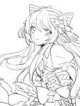  1girl chaos_marie_(grimms_notes) frills grimms_notes hair_ribbon hair_spread_out jewelry long_hair looking_to_the_side monochrome nanamatsu_(rapj4327) pendant puffy_short_sleeves puffy_sleeves ribbon short_sleeves simple_background sketch smile solo white_background wings 
