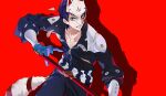  1boy azicmot blue_eyes blue_gloves blue_hair collarbone gloves highres holding holding_sword holding_weapon kitagawa_yuusuke looking_at_viewer male_focus open_mouth parted_lips persona persona_5 red_background shadow sheath sheathed simple_background solo sword torn_clothes weapon zipper 