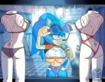  2018 5_fingers anthro big_breasts bikini black_nose breasts clothed clothing crossgender cuisine denim_shorts detailed_background eyewear female food green_eyes hedgehog holding_object mall mammal mannequin midriff navel nipple_bulge popsicle public shirt shorts solo sonic_(series) sonic_the_hedgehog standing store sucking sunglasses swimsuit t-shirt thin_waist under_boob window 