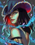  1girl artist_name black_hair blue_eyes blunt_bangs closed_mouth cowboy_hat hat hat_over_one_eye highres long_hair looking_at_viewer mewiyev nico_robin one_piece sleeveless smile solo 