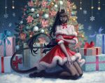 absurd_res anthro artist_name black_hair black_sclera blue_eyes christmas christmas_tree clothing dress eyelashes fangs felid female gift grey_body hair hi_res holidays kneeling long_hair looking_at_viewer mammal marie_merkh mouth_closed plant red_clothing red_dress signature solo tail tail_tuft teeth tree tuft white_body