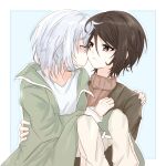  2girls ausa_lshadow bang_dream! blue_background blush border brown_hair brown_sweater carrying carrying_person closed_eyes closed_mouth commentary green_jacket hand_on_another&#039;s_shoulder jacket kiss kissing_cheek kurata_mashiro long_sleeves multiple_girls outline pants princess_carry red_eyes ribbed_sweater shirt short_hair sweater white_border white_hair white_outline white_pants white_shirt yashio_rui yuri 