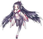  1girl ao_jun ark_order black_feathers black_hair black_wings breasts detached_collar detached_sleeves dress facial_mark falling_feathers feathered_wings feathers forehead_mark full_body geta gradient_legwear half_updo harpy karasu_tengu_(ark_order) long_hair long_sleeves looking_at_viewer medium_breasts monster_girl official_art one_side_up pantyhose red_eyes sidelocks solo tachi-e third-party_source transparent_background white_dress wide_sleeves winged_arms wings 