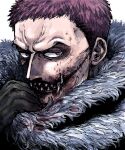  1boy black_gloves blood blood_on_clothes blood_on_face blood_on_hands blood_on_mouth charlotte_katakuri fangs fur_scarf gloves highres kumoashif male_focus one_piece portrait purple_eyes purple_hair scar scarf sharp_teeth short_hair simple_background solo stitched_mouth stitches teeth tusks veiny_face very_short_hair white_background 