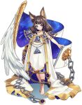  1girl animal_ear_fluff animal_ears ankh anklet ark_order barefoot blue_eyes brown_hair cane cape chain choker constellation_print dress ear_piercing eye_of_horus feathered_wings feathers fox_ears full_body gold_trim hair_tubes jewelry lion_tail long_hair looking_at_viewer mao_ren_tv_xiao_z official_art piercing pillar short_eyebrows sidelocks single_wing solo sphinx_(ark_order) tachi-e tail transparent_background two-sided_cape two-sided_fabric white_cape white_dress white_feathers white_wings wings 