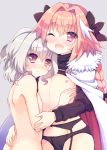  ;d astolfo_(fate) bangs black_bow black_panties black_shirt blush bow bow_panties braid butt_crack chest chonkoo commentary_request erection erection_under_clothes eyebrows_visible_through_hair fang fate/apocrypha fate_(series) fur-trimmed_cloak garter_belt grey_background grey_hair groin hair_between_eyes hair_bow hair_intakes hand_on_another's_arm hand_on_another's_back head_tilt hug long_hair looking_at_viewer looking_to_the_side male_focus medium_hair multicolored_hair multiple_boys nipples nude one_eye_closed open_mouth otoko_no_ko panties parted_lips pink_eyes pink_hair red_cloak shiny shiny_hair shirt shirt_lift shoulder_blades sidelocks sieg_(fate/apocrypha) simple_background single_braid smile standing stomach streaked_hair underwear white_cloak white_hair yaoi younger 