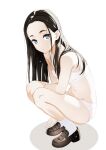  1girl black_footwear blue_eyes bra breasts closed_mouth forehead hair_behind_ear highres loafers long_hair moonsorrow navel original panties parted_hair shoes simple_background small_breasts socks solo squatting underwear white_background white_bra white_panties white_socks 