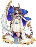 1girl animal_ear_fluff animal_ears ankh ark_order barefoot blue_eyes brown_hair cane cape chain choker constellation_print dress ear_piercing eye_of_horus feathered_wings feathers fox_ears full_body gold_trim hair_tubes jewelry lion_tail long_hair looking_at_viewer mao_ren_tv_xiao_z official_art piercing pillar short_eyebrows sidelocks single_wing solo sphinx_(ark_order) tachi-e tail transparent_background two-sided_cape two-sided_fabric white_cape white_dress white_feathers white_wings wings 