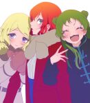  3girls :d anchiki_shou bad_id bad_twitter_id black_coat blonde_hair blue_eyes blush brown_scarf closed_eyes coat double_bun facing_viewer fang green_hair hair_bun highres long_hair looking_at_viewer mittens morizono_wakana multiple_girls open_mouth pretty_rhythm pretty_rhythm_rainbow_live pretty_series profile purple_eyes red_coat red_hair renjouji_beru scarf short_hair simple_background smile takanashi_otoha upper_body white_background winter_clothes 