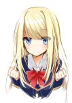  1girl blonde_hair blue_eyes blush bow bowtie breasts chloe_lemaire clenched_hands closed_mouth collar collared_shirt commentary_request eyes_visible_through_hair girlfriend_(kari) hair_between_eyes hands_up highres kakao_(chocolate_land) looking_at_viewer red_bow red_bowtie school_uniform shirt simple_background sketch smile solo white_background white_collar 
