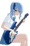  1girl alternate_costume blue_bow blue_bowtie blue_eyes blue_hair blue_ribbon blue_skirt bow bowtie collared_shirt commentary_request guitar hair_between_eyes hair_ribbon high_side_ponytail highres holding holding_guitar holding_instrument hololive hoshimachi_suisei instrument looking_at_viewer miniskirt nisi_ki_no ribbon shirt short_sleeves sidelocks simple_background skirt smile solo star_(symbol) star_in_eye symbol_in_eye thighhighs virtual_youtuber white_background white_shirt 