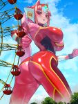  1girl ass bodysuit breasts building city colored_skin dust giant giantess highres nikunopengin original ponytail red_bodysuit red_eyes red_hair red_skin skin_tight tokusatsu tree ultimate_girl 