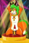  balls canine canine_genitalia dancing dealy egyptian fox green_eyes green_hair hair male mammal nightclub pole pole_dancing solo spread_legs spreading tongue tongue_out wolferno 