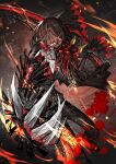  1boy black_capelet black_gloves blood blood_on_weapon blood_splatter brown_hair capelet claw_(weapon) code_vein collared_shirt commentary_request dynamic_pose gas_mask gloves glowing glowing_eyes hair_over_one_eye holding holding_sword holding_weapon jewelry looking_at_viewer louis_(code_vein) male_focus mask mura_karuki necklace red_eyes shirt short_hair solo sparks sword weapon 