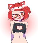  1girl animal_ears arms_behind_back blunt_bangs cannsk cat_cutout cat_ear_bikini cat_ears clothing_cutout commentary_request fangs flat_chest indie_virtual_youtuber medium_hair navel red_eyes red_hair single_hair_intake solo sweat virtual_youtuber yokota_mary 