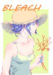  1girl absurdres black_hair bleach bleach:_sennen_kessen-hen breasts collarbone flower hair_between_eyes hat highres kuchiki_rukia looking_to_the_side nail_polish purple_eyes short_hair small_breasts solo straw_hat ze_ro 