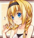  1girl bare_shoulders black_hairband blonde_hair blue_eyes blush braid chitose_sana close-up collarbone colored_eyelashes commentary_request drop_shadow hair_between_eyes hair_intakes hairband hand_up heart index_finger_raised light_brown_background long_hair looking_at_viewer marker_(medium) parted_lips photo_(medium) playing_with_own_hair simple_background solo takt_shindo tenshinranman traditional_media twin_braids 