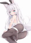  1girl animal animal_ears ass black_pantyhose blue_eyes closed_mouth expressionless fox_ears fox_girl fox_tail highres makeup mochizuki_riku no_shoes original pantyhose playboy_bunny rabbit_ears rabbit_girl rouge_(makeup) tail white_background white_hair 