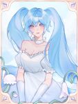  1girl absurdres bare_shoulders blue_eyes blue_hair breasts choker cleavage collarbone commentary dress hatsune_miku highres long_hair looking_at_viewer off-shoulder_dress off_shoulder puffy_short_sleeves puffy_sleeves short_sleeves solo somi_(ooyuoa) twintails upper_body very_long_hair vocaloid white_choker white_dress 