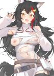  1girl alternate_costume animal_ears armpit_cutout bare_shoulders belt_buckle black_hair blush breasts buckle clothing_cutout hair_ornament hairpin highres hololive large_breasts leotard long_sleeves looking_at_viewer mitsuru_(pixiv_34028718) multicolored_hair navel nipples ookami_mio open_mouth puffy_long_sleeves puffy_sleeves red_hair shoulder_cutout simple_background skirt solo streaked_hair torn_clothes torn_leotard virtual_youtuber white_background white_leotard white_shrug white_skirt wolf_ears wolf_girl yellow_eyes 