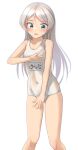  1girl alternate_costume blue_eyes blush breasts covered_navel embarrassed feet_out_of_frame grey_hair javelin_(kancolle) kantai_collection long_hair looking_down loose_hair_strand name_connection one-piece_swimsuit parted_bangs ray.s school_swimsuit see-through_swimsuit simple_background small_breasts solo standing sweatdrop swimsuit white_background white_one-piece_swimsuit 