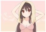  1girl alternate_costume arms_up blush border breasts brown_eyes brown_hair camisole character_name cleavage closed_mouth collarbone commentary_request expressionless eyes_visible_through_hair hair_between_eyes hair_down little_busters! long_hair looking_at_viewer natsume_rin paw_print pink_background pink_camisole piyo_(kinkooo333) sidelocks signature simple_background small_breasts solo straight_hair towel towel_on_head upper_body very_long_hair white_border 
