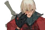  1boy bishounen blood blood_on_face blue_eyes closed_mouth coat dante_(devil_may_cry) devil_may_cry_(anime) devil_may_cry_(series) fo_san_da_can_shi gloves hair_between_eyes highres holding long_bangs long_hair male_focus necktie necktie_grab neckwear_grab rebellion_(sword) red_coat simple_background solo white_hair 