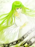  1boy chain collarbone dated enkidu_(fate) eyelashes fate/grand_order fate_(series) fon-due_(fonfon) green_hair grey_eyes long_hair long_sleeves looking_at_viewer male_focus open_mouth robe signature solo very_long_hair white_robe wide_sleeves 