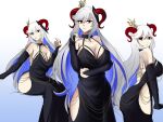  1girl absurdres ass backless_dress backless_outfit bare_shoulders black_dress blue_hair breasts chain cleavage cocktail_dress criss-cross_back-straps curled_horns dress elbow_gloves evening_gown fire_emblem fire_emblem_heroes freyja_(fire_emblem) gloves goat_horns gold_chain gradient_background grey_hair hair_ornament halter_dress halterneck highres hip_vent horns large_breasts large_horns long_hair looking_at_viewer low_neckline ludook meme_attire modakawa_dress multicolored_hair multiple_views open_clothes open_dress open_mouth red_eyes red_horns sitting sleeveless sleeveless_dress smile standing taut_clothes taut_dress tight_clothes tight_dress white_hair 