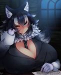  alternate_breast_size animal_ears arm_support bangs between_breasts black_hair blazer blue_eyes blush breast_pocket breasts cleavage closed_mouth commentary_request drawing eyebrows_visible_through_hair fang fang_out fur_collar gigantic_breasts ginzake_(mizuumi) gloves grey_wolf_(kemono_friends) half-closed_eye hand_on_own_cheek head_rest heterochromia holding holding_pen jacket kemono_friends lips long_sleeves looking_at_viewer multicolored_hair necktie necktie_between_breasts nose_blush paper pen pocket sidelocks smile solo tail two-tone_hair upper_body white_hair window wolf_ears wolf_girl wolf_tail yellow_eyes 