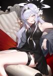  1girl alternate_costume belt black_dress black_hairband blue_archive blush breasts collarbone dress feet_out_of_frame flower grey_hair hair_flower hair_ornament hairband halo highres himari_(blue_archive) long_hair looking_at_viewer mole mole_under_eye one_eye_closed open_mouth pointy_ears purple_eyes purple_halo sitting sleeveless sleeveless_dress small_breasts smile solo striped_clothes striped_hairband thigh_belt thigh_strap white_flower zanya_000 