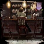  1boy akechi_gorou black_border black_pants book border brown_hair cafe coffee_pot commentary_request counter crossed_legs from_behind full_body hanging_light houhou_(black_lack) indoors jacket light_particles male_focus pants persona persona_5 short_hair sitting solo stained_glass tile_floor tiles 