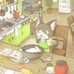  2018 ambiguous_gender apron baking book cat chair clothing egg feline food fridge kanannbo kitchen mammal open_mouth oven semi-anthro solo standing 