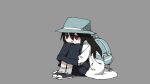  1girl backpack bag black_footwear black_hair black_pants blue_bag blue_hat brown_eyes closed_mouth full_body grey_background hat highres hugging_own_legs knees_up long_hair long_sleeves original pants shoes simple_background sitting solo tsukumizu_yuu 