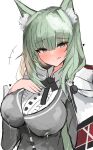  +++ 1girl :q animal_ear_fluff animal_ears arknights black_ribbon blush breast_suppress breasts buttons cape cardigan cat_ears cat_girl center_frills closed_mouth collared_shirt come_hither commentary_request frills green_eyes green_hair grey_cardigan hair_between_eyes hand_on_own_chest hand_up harmonie_(arknights) heart highres in_heat lactation lactation_through_clothes large_breasts licking_lips long_hair long_sleeves looking_at_viewer neck_ribbon ribbon saliva shirt simple_background sketch solo split_mouth sunaneko tongue tongue_out upper_body white_background white_cape white_shirt 
