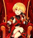  ;d alexander_(fate/grand_order) alexander_(fate/grand_order)_(cosplay) arm_rest armlet armpit_crease bangs black_footwear black_gloves black_shirt blonde_hair blush boots cape child_gilgamesh commentary cosplay covered_collarbone crop_top crossed_legs curtains elbow_gloves eyebrows_visible_through_hair falling_petals fang fate/grand_order fate_(series) fur-trimmed_gloves fur_trim gloves gold_trim hair_between_eyes head_rest looking_at_viewer male_focus one_eye_closed open_mouth otoko_no_ko petals red_cape red_eyes rose_petals shiny shiny_hair shirt signature sitting sleeveless sleeveless_shirt smile solo sparkle throne tiasye toeless_boots toes tsurime waist_cape 