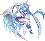  1girl :d animal_ears ark_order artist_request bare_shoulders blue_bow blue_bowtie blue_flower blue_hair blue_ribbon bow bowtie dress elbow_gloves fingerless_gloves flower frilled_dress frills full_body gloves gold_trim horse_ears horse_tail leg_ribbon long_hair low_twintails mechanical_wings official_art pegasus_(ark_order) ribbon shoes sidelocks sleeveless sleeveless_dress smile solo tachi-e tail thighhighs tiara transparent_background twintails very_long_hair white_dress white_gloves white_thighhighs wing_hair_ornament wings wrist_cuffs yellow_eyes 