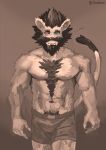  anthro athletic barazoku beard body_hair boxers_(clothing) brown_theme chest_hair clothed clothing facial_hair feline heterochromia lion male mammal muscular muscular_male navel nipples nooken pecs solo topless underwear 